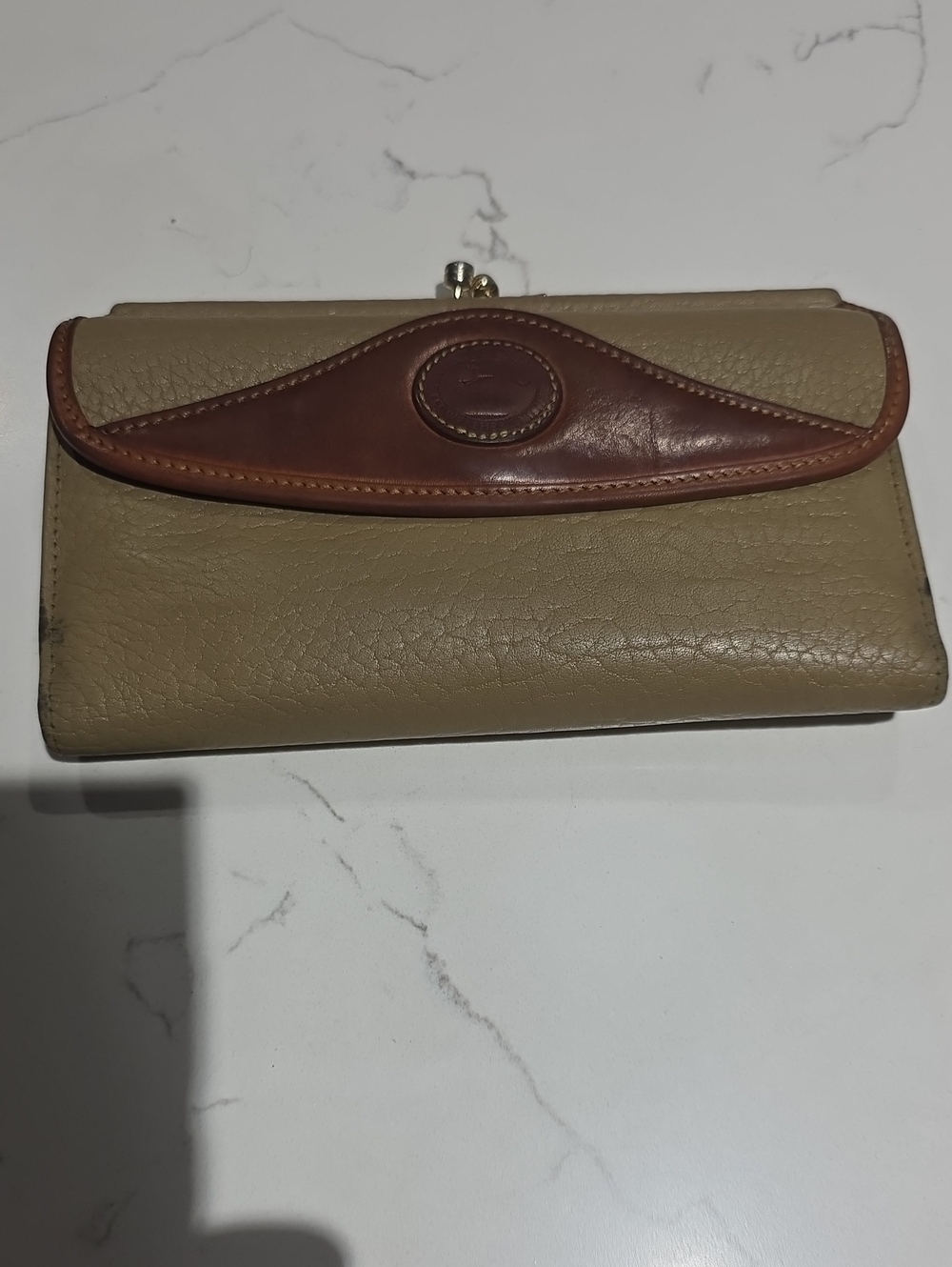 Dooney & Bourk Vintage Two-Tone Leather Clutch Wallet - Taupe and Chestnut